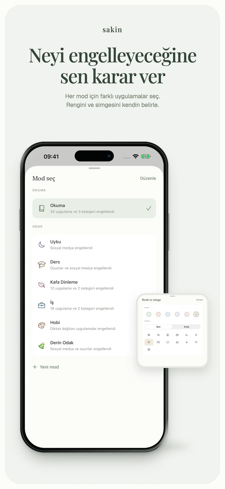 Neyi engelleyeceğine sen karar ver: renk ve simgelerle kişiselleştirilen okuma, uyku, ders ve iş modları