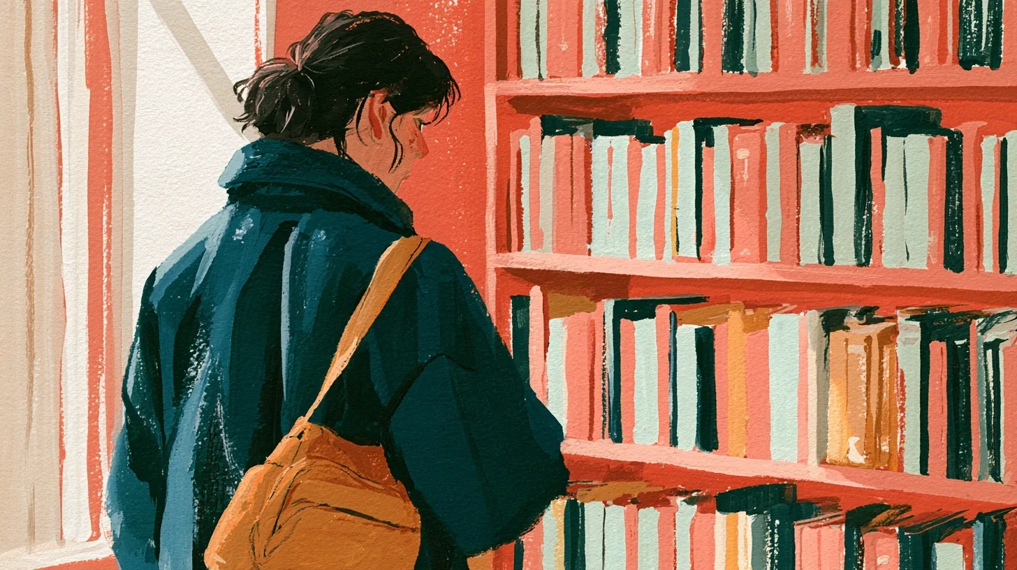 Pembe duvarlı kitapçıda yeşil ceketli bir kişi renkli kitap sırtlarına bakıyor.