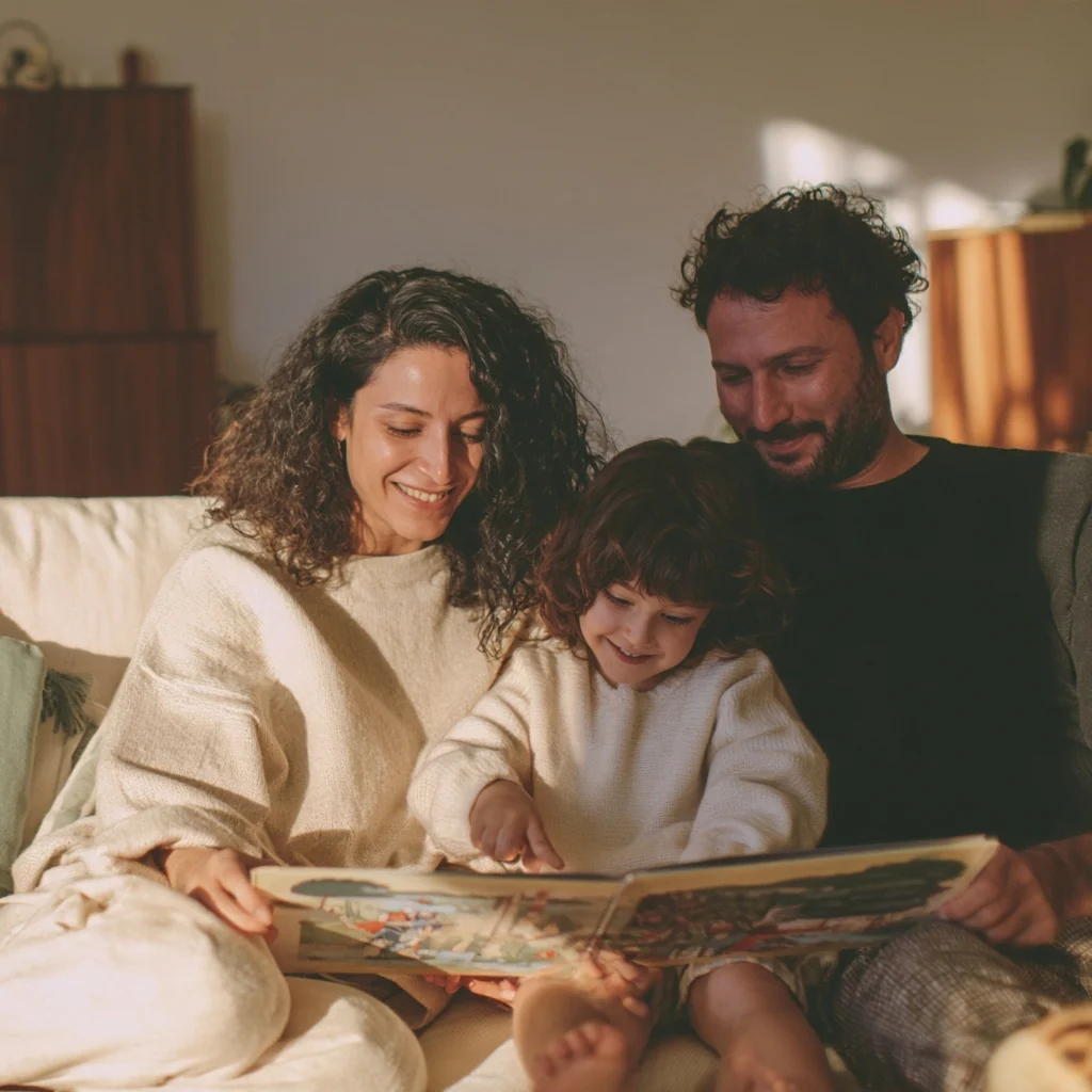 Çocuklarıyla birlikte resimli bir kitap okuyan bir aile