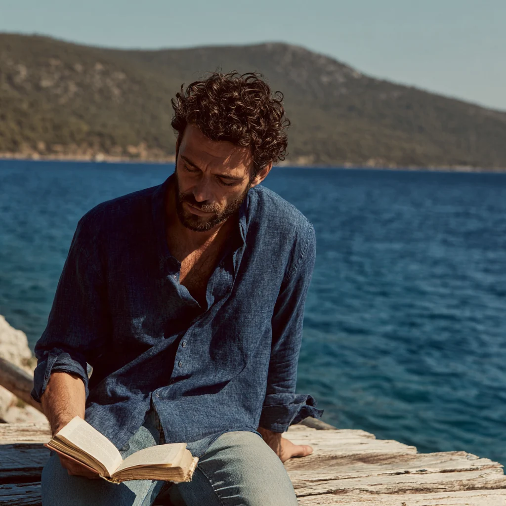 Ege kıyısında ahşap bir iskelede oturarak kitap okuyan bir adam